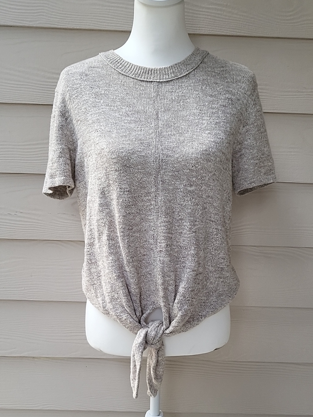 Madewell Heather Oatmeal Tie Front Knit Top Size Small Short Sleeve